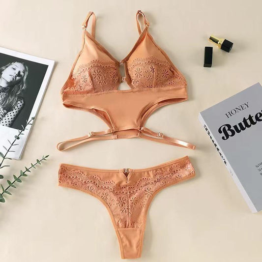 Apricot Lace Cutout Lingerie Set (2‑Piece)
