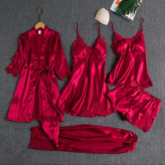 Luxe Ruby Satin Lace 6‑Piece Sleepwear Set
