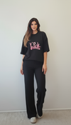 Pink Script Graphic Tee + Ribbed Wide‑Leg Pants Set – Black