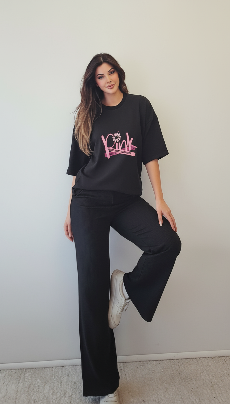 Pink Script Graphic Tee + Ribbed Wide‑Leg Pants Set – Black