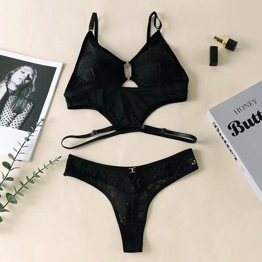 Noir Eclipse Cut‑Out Lace Bralette &amp; Thong Set