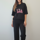 Pink Script Graphic Tee + Ribbed Wide‑Leg Pants Set – Black