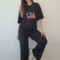 Pink Script Graphic Tee + Ribbed Wide‑Leg Pants Set – Black